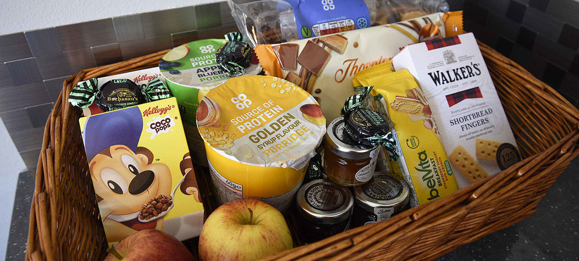 Enjoy a welcome hamper on arrival at Thistle Dubh Dandy self catering accommodation